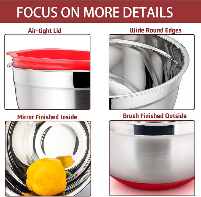 P&P CHEF Stainless Steel Mixing Bowls With Lids, Set of 6, Red | Salad Nesting Mixing Bowls & Fitting Lids & Non-Slip Silicone Bottom, Ideal for Mixing, Storing, Size 0.7/1/1.5/2.5/3/4.6 Qt