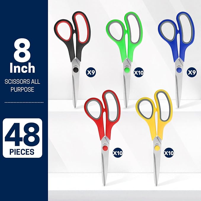 BURVAGY 48 Pack 8" Scissors All Purpose, Heavy Duty Scissors for Office | Scissors Bulk Multipurpose Comfort-Grip Sharp Adult Office Scissors Set Sewing Fabric Stainless Steel Blades, Right/Left Hand