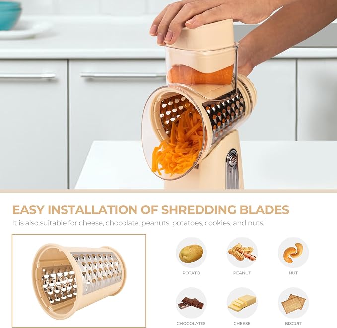 SUSTEAS Rotary Cheese Grater 5 Blades,Kitchen Mandoline Vegetable Slicer | Beige, Easy to Clean, Strong Suction Base, 5 Blades Storage Box, Round Mandoline Slicer & Food Chopper for Salad