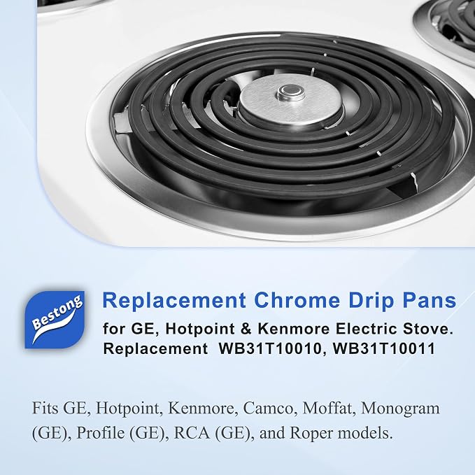 Electric Stove Drip Pans for GE Hotpoint Kenmore, Chrome 4-Pack | Includes 2×6" and 2×8" chrome drip pans to replace worn burner bowls on compatible GE, Hotpoint, and Kenmore ranges