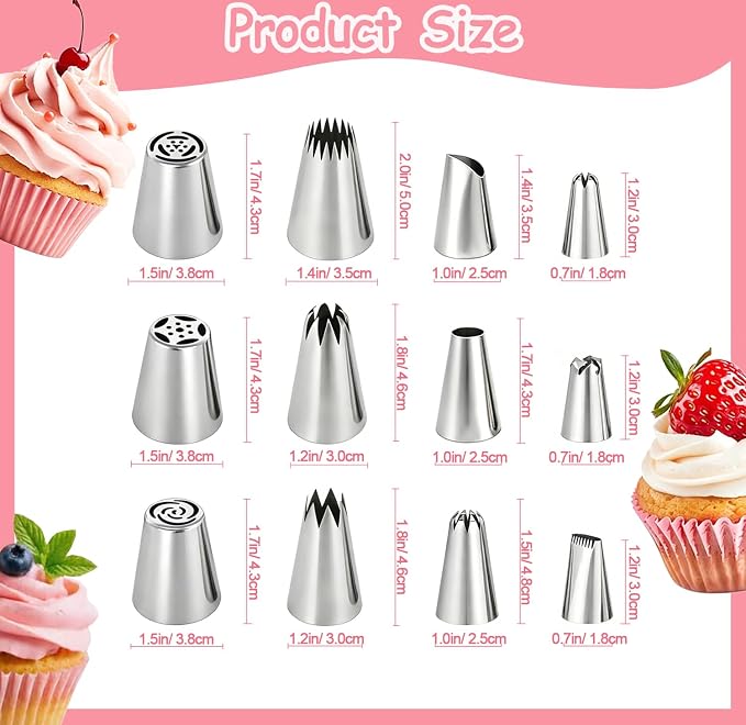 12PCS Piping Tips Set, Stainless Steel Cake Decorating Tips, Russian Nozzles Frosting Icing Tip Tools, Baking Supplies for Cookie Cupcake
