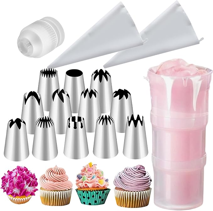 16PCS Large Piping Tips Set, Stainless Steel frosting tips | Reusable cotton piping bag and auxiliary cup, Cake Decorating Tips Set for Cake Decorating, Cupcakes, Cookies, DlY pastries