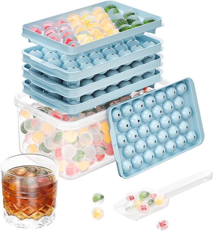 Optish 99 PCS Ice Cube Tray with Lid and Bin, 0.8 Inch Small Round Ice Mold | Blue, Ice Ball Maker, Dishwasher safe, Stackable, for cocktail, Whiskey, Coffee, RV, Ice Pops Out Easily,Straw & Bottle Fit