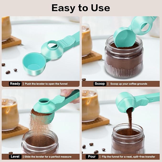 2-in-1 Coffee Scoop with Funnel, 2 Tbsp Measuring Spoon for Reusable K Cups, Ground Coffee, Protein Powder & Tea, Mess-Free Plastic Design（Light Green-2pack）
