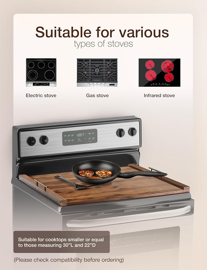 TIDITA Acacia Stove Top Covers for Electric Stove, Handles, Walnut color | Acacia Wood, Metal Handles, Non-Skid Pads, Easy Assembly, Wooden Noodle Board for Gas Stovetop, Gas Stove Cover, Multi-Use