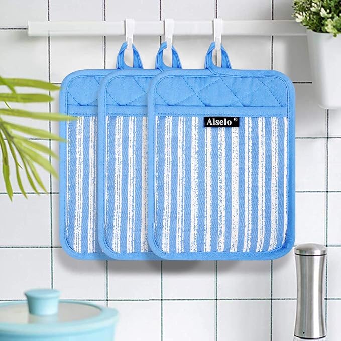 Alselo Silicone Pot Holders Set of 3 Heat Resistant & Non Slip Potholders | Professional Oven Hot Pads with Pockets Mitts for Kitchen Cooking Baking Barbecue (Blue, 3)