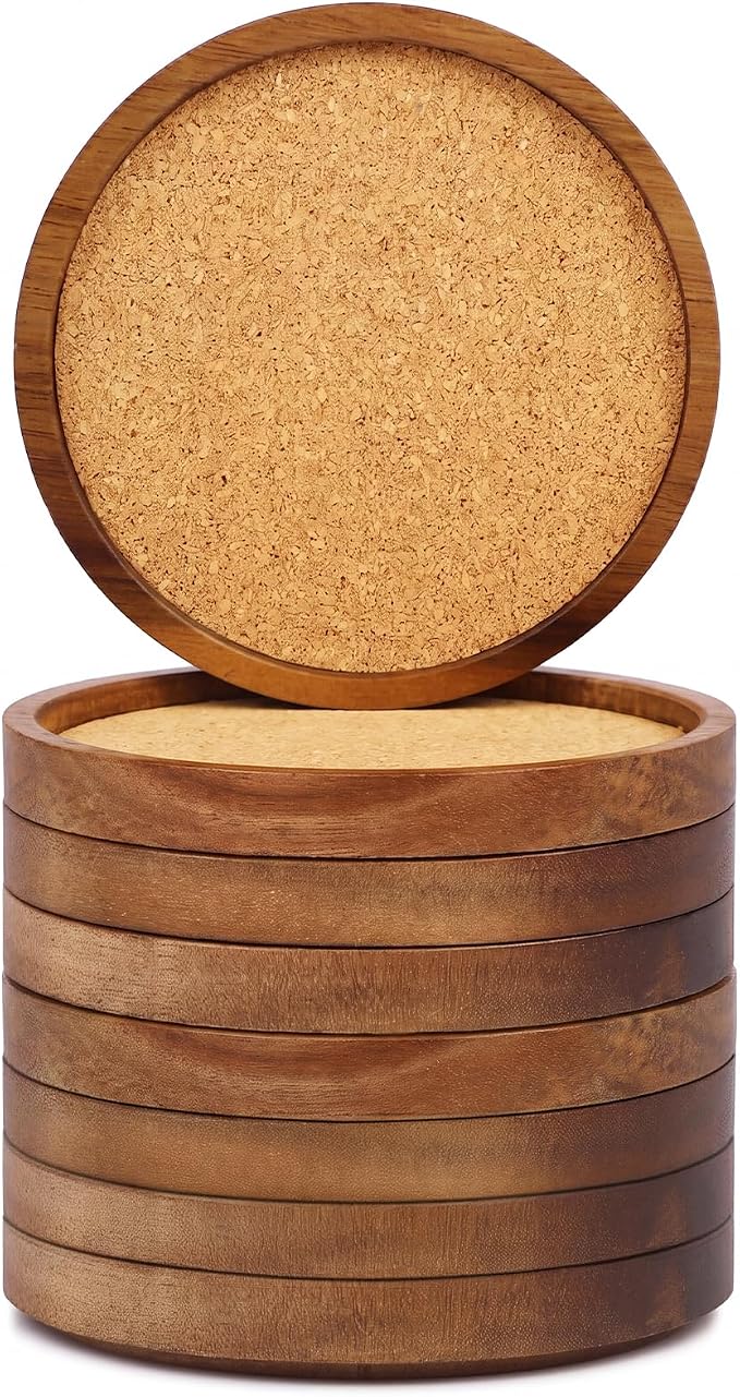 Wooden Drink Coasters Set of 8, Stackable Cup Coaster for Table, 4.2 inch Absorbent Cork Coasters Set for Tabletop Protection, Rustic Glass Coaster for Coffee, Home Decor.