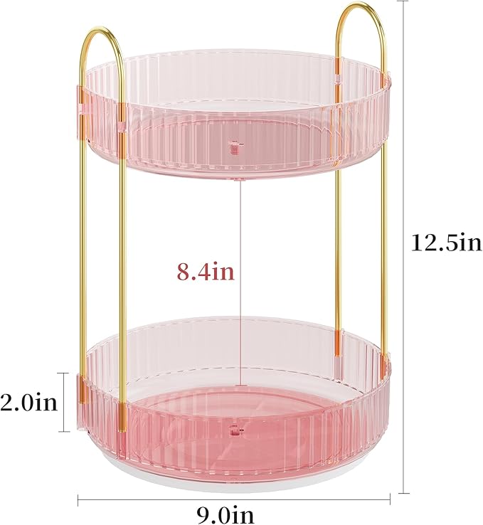 Rotating Makeup Organizer Countertop, Skincare Organizers | Spinning Perfume Tray Stand, Makeup Storage Organizer for Vanity, Bathroom Organizer and Storage, Lazy Susan, 2 Tier, Pink