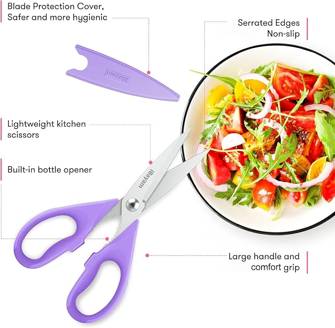 iBayam Pastel Kitchen Scissors All Purpose Heavy Duty & Cover, Pink/Purple | Dishwasher Safe, Comfort Grip, 8.7" Stainless Steel Sharp Food Scissors Poultry Shears Kitchen Utensils Accessories, 2-Pack