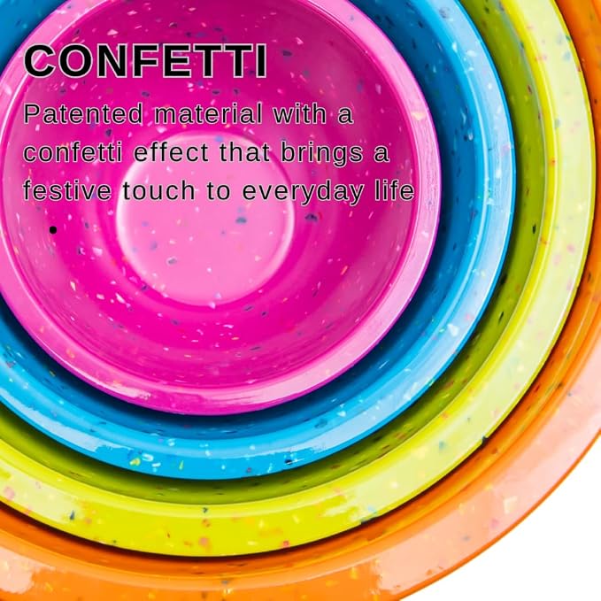 Confetti Melamine 4 Piece Nesting Mixing Bowls Set, Colorful Vibrant | Colorful Kitchen Bowls (18oz, 1.25QT, 2.5QT, 4QT) - BPA-Free, Dishwasher Safe, Space-Saving