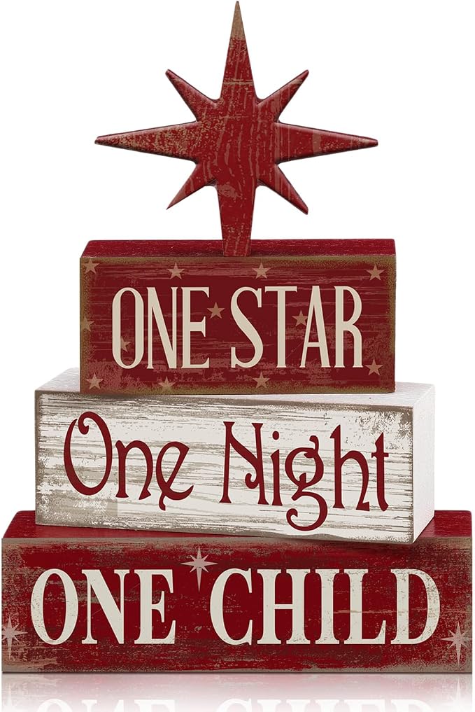 Lineshading 4 Pcs Christmas Nativity Table Decor, Bethlehem Star Wood Sign | Red Rustic Christmas Tiered Tray Decor, Nativity Wood Stacked Sign, Tray Kitchen Shelf Home Decor, Holiday Centerpiece