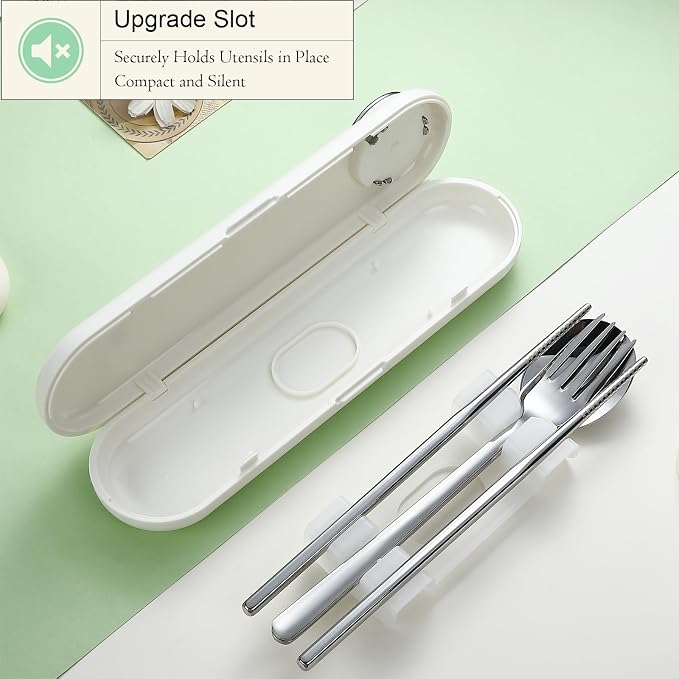 DEVICO Travel Utensils with Case Cute, Reusable Silverware for Lunch, 4Pcs Portable Cutlery Set, 18/8 Stainless Steel Fork Spoon Chopsticks in Cartoon Case, Dishwasher Safe (White)