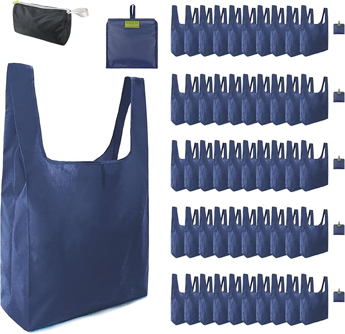 BeeGreen Blue Reusable Grocery Bags Wholesale Royal Reusable Kitchen Bags Bulk Foldable-Machine Washable with Zipper Storage Pouch 50 Packs