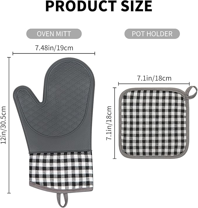 Tifanso 4PCS Heat Resistant Silicone Plaid Oven Mitts & Pot Holders, Grey | Non-Slip Grip Surface, Soft Cotton Lining, Ideal for Cooking Baking Grilling, Easy to Clean, Practical Kitchen Essential