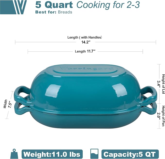 VORRINGARD Enameled Cast Iron Sourdough Bread Oven, Dutch Oven, Loaf Cast Iron Bread Pan for Homemade Bread Baking, Meatloaf Pan with Lid, 5QT, Bluegreen