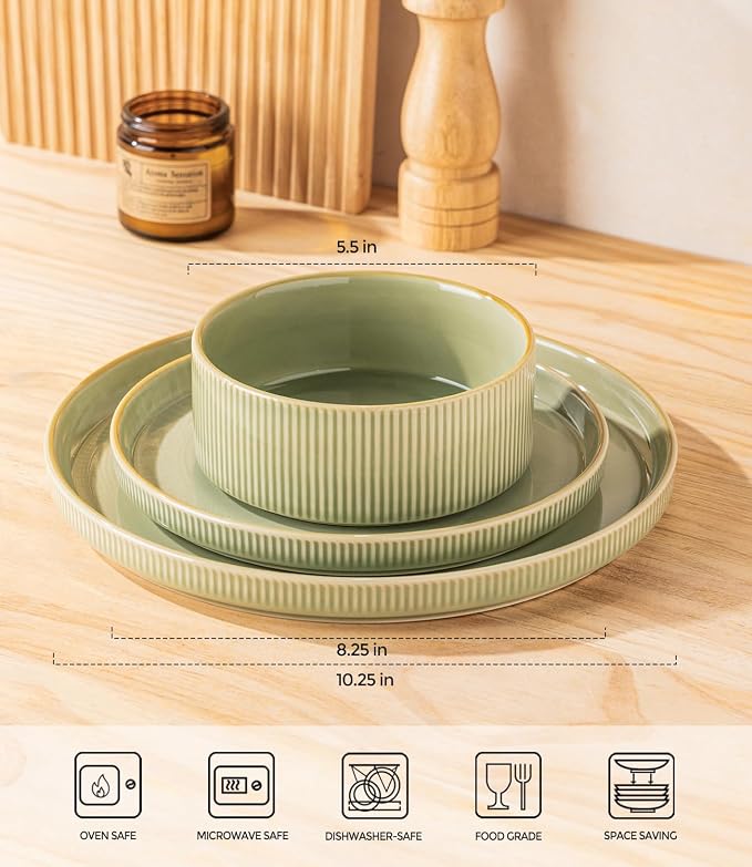 Ceramic Dinnerware Set for 4, 12-Piece Plates and Bowls Set | Lightweight Porcelain Dish Set, Scratch Resistant, Oven & Microwave & Dishwasher Safe, Duck Egg Green