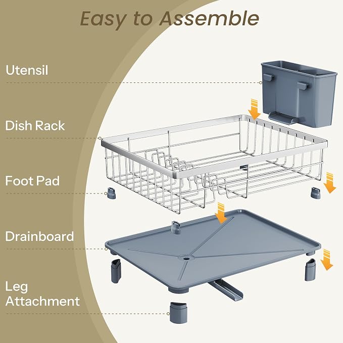 SNTD Dish Drying Rack for Small Kitchen Counter, 11" W x 15" L, Silver | Space Saving, Rotating Spout & Angled Drainboard for Quick Drainage, Stainless Steel, Removable Utensil Holder