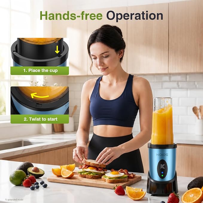 KOIOS Smoothie Blender Kitchen, 900W Personal Blender with 3 To-Go Cups | (2) 23oz & 16oz Cups, Blend Smoothies Shakes Juices Frozen Drinks, Dishwasher Safe Part, Twist-Lock, 14Pcs, Recipe, Sky Blue