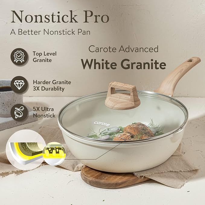 CAROTE 12 Inch Nonstick Deep Frying Pan with Lid, 5.5 Qt | Kitchen Non-Toxic PTFE & PFOA Free Cookware, Covered Skillet All Stovetops Compatible , White Granite