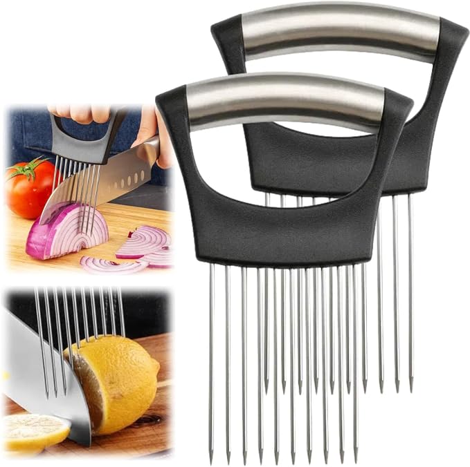 Stainless Steel Onion Slice Holder, Lemon Slicer Vegetable Cutter, Chopper Slicing Assistant Tool for Meat, Onion, Potato, Tomato Home Kitchen Tools (2 PCS)