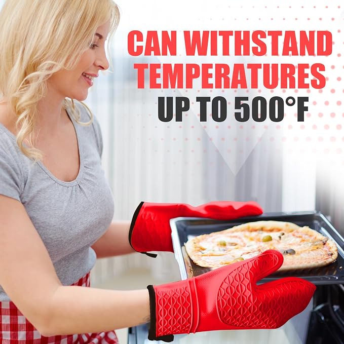 Silicone Oven Mitts, Heat Resistant 2PCS Oven Mitts with Soft Cotton Lining, Waterproof Non-Slip Grip Oven Glove, Kitchen Potholder Mits for BBQ, Baking, Cooking, 12.5 Inch - Red