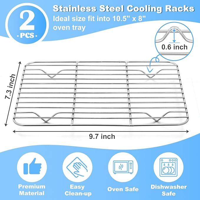 P&P CHEF 9.7" x 7.3" Cooling Baking Wire Racks Pack of 2, Silver | Stainless Steel Cooling Racks for Cooking Baking Roasting Grilling Drying, Dense Wires & Smooth Edge, Easy Clean & Rust Proof