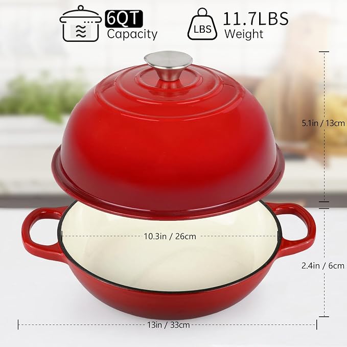 Enameled Cast Iron Bread Oven Dutch Oven Pot with Lid Bread Dutch Oven Red | for Sourdough Bread Baking, 6 Quarts 10" Bread Pan with Dome Lid, Non-stick Cookware for Homemade Bread