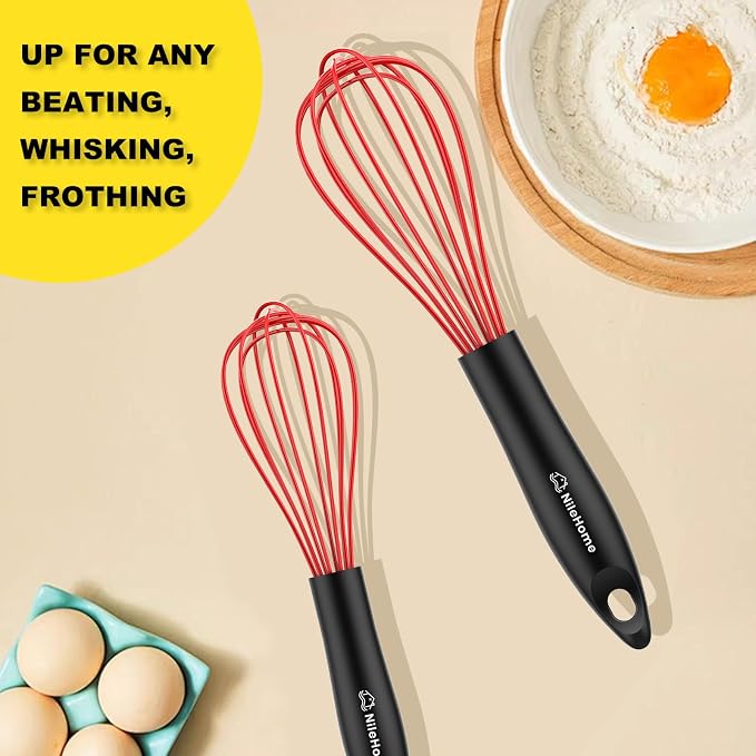 NileHome Silicone Whisk Set 8" 10", 2 Pack Kitchen Whisk Kitchen Wisk Wire Whisks for Cooking, Whisking, Blending, Beating, Stirring-Red