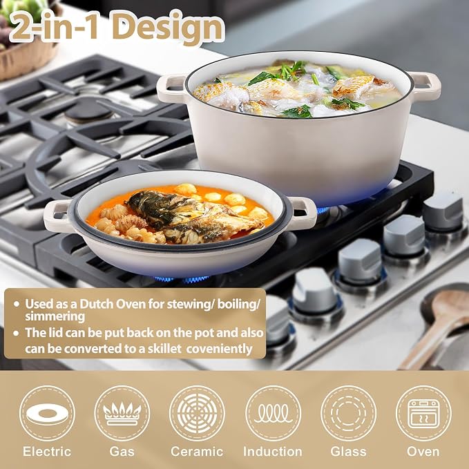 TeamFar 5qt Dutch Oven, Pre-seasoned Cast Iron for Bread Baking, Khaki | 2-in-1 Bread Pan with Skillet Lid, Oven & Stovetop Safe for Baking Frying Stewing Grilling, Home Use Or Outdoor Camping