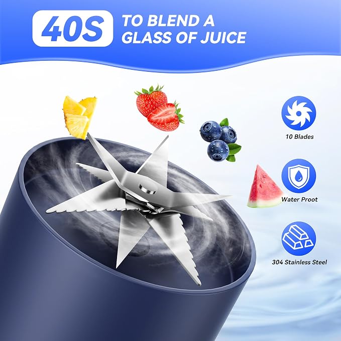 Personal Blender, Compact Cordless, 20 oz (600ml) Blue | USB-C Rechargeable, Makes Juices, Milkshakes, Smoothies, Ideal for Travel, Gym, Office