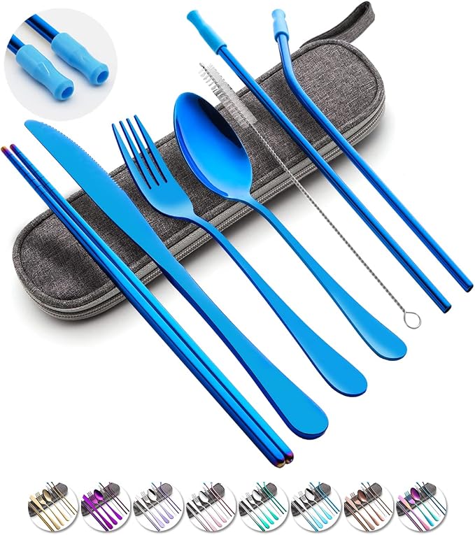 Travel Utensils Set with Case Reusable Portable Cutlery Set Stainless Steel 8pcs Including Dinner Knife Fork Spoon Chopsticks straws(Blue) | Dishwasher Including Dinner Knife Fork Spoon Chopsticks Straws Travel Fork Spoon Knife for Work, School, Campin...