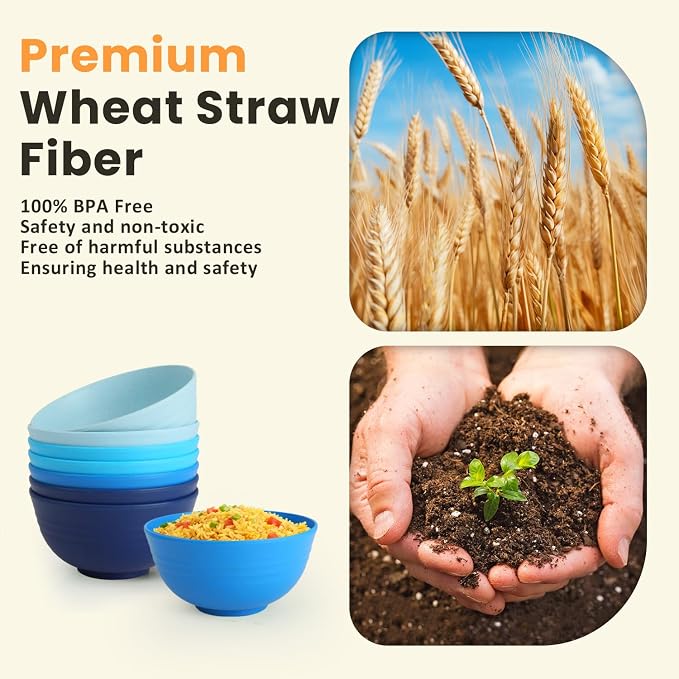 Wheat Straw Bowls, 8 PCS Microwave Safe Bowl Unbreakable for Salad, Soup, Cereal, Oatmeal, Reusable Plastic Bowls for Kithen, Family, Camping, Party, Dishwasher Safe, 26 OZ (Gradient Blue)