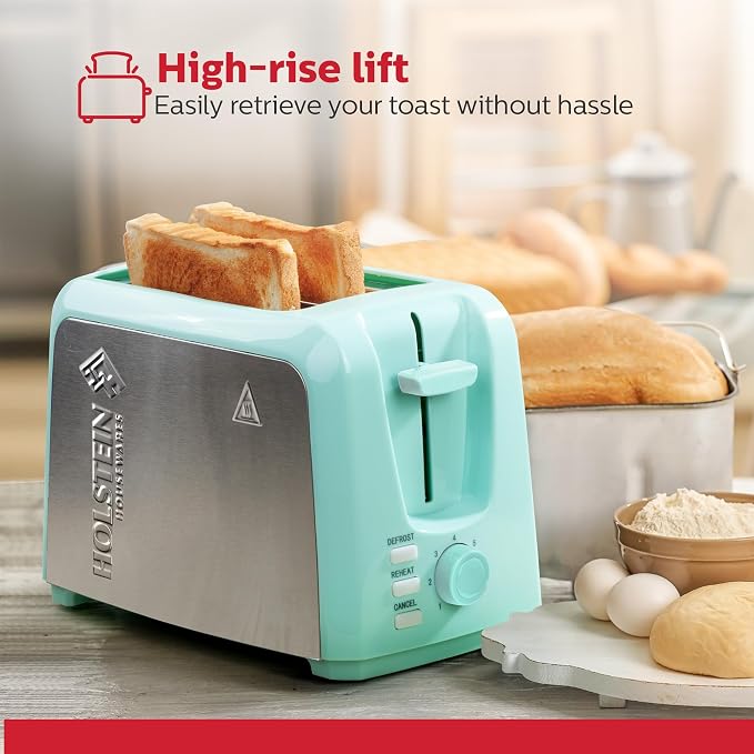 Holstein Housewares 2-Slice Toaster with 7 Browning Settings, Extra-Wide Slots, Reheat, Defrost, Cancel, High-Lift Release, Removable Crumb Tray – Compact Stainless Steel, Mint