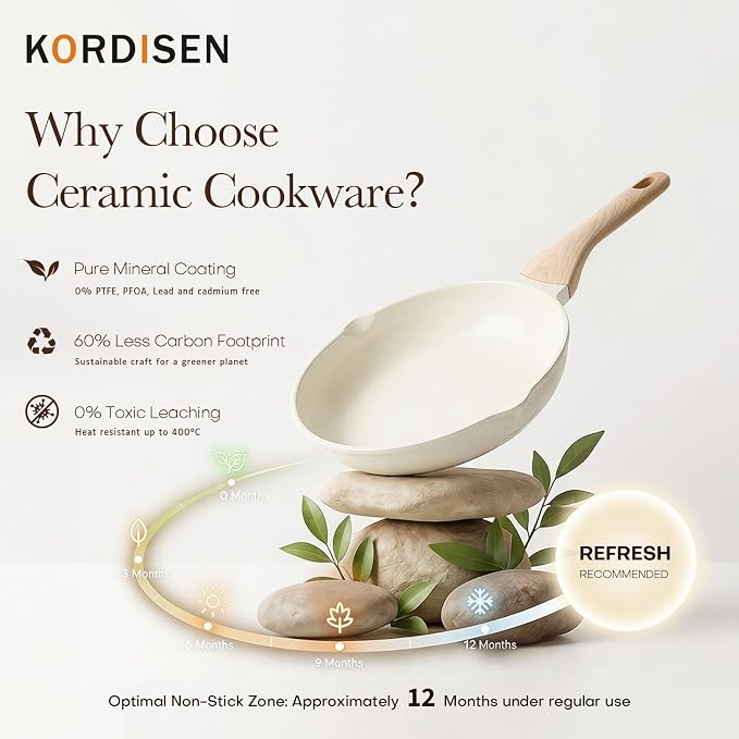 Kordisen Nonstick Ceramic Frying Pan, 11 Inch Ceramic Skillet, Healthy Non Toxic Cooking Pan, Stay-Cool Handle, Induction Compatible, PFOA & PFAS Free, White