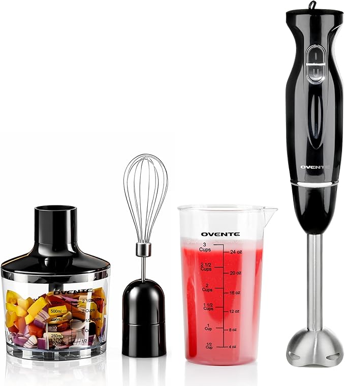 OVENTE Electric Hand Blender Set with 2 Mixing Speeds, 300W Black HS565B | Corded Immersion Handheld Stick Mixer with Stainless Steel Blades, Egg Whisk, Beaker & BPA-Free Food Chopper