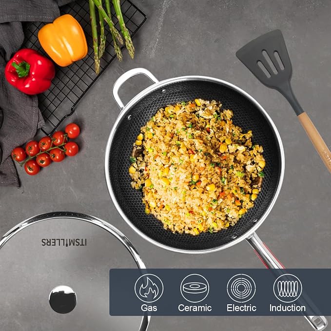 ITSMILLERS Tri-ply Stainless Steel Wok with Lid, 13.5'' PFOA Free Nonstick Stir Fry Pan, Induction Compatible, Dishwasher and Oven Safe, Scratch-resistant Surface