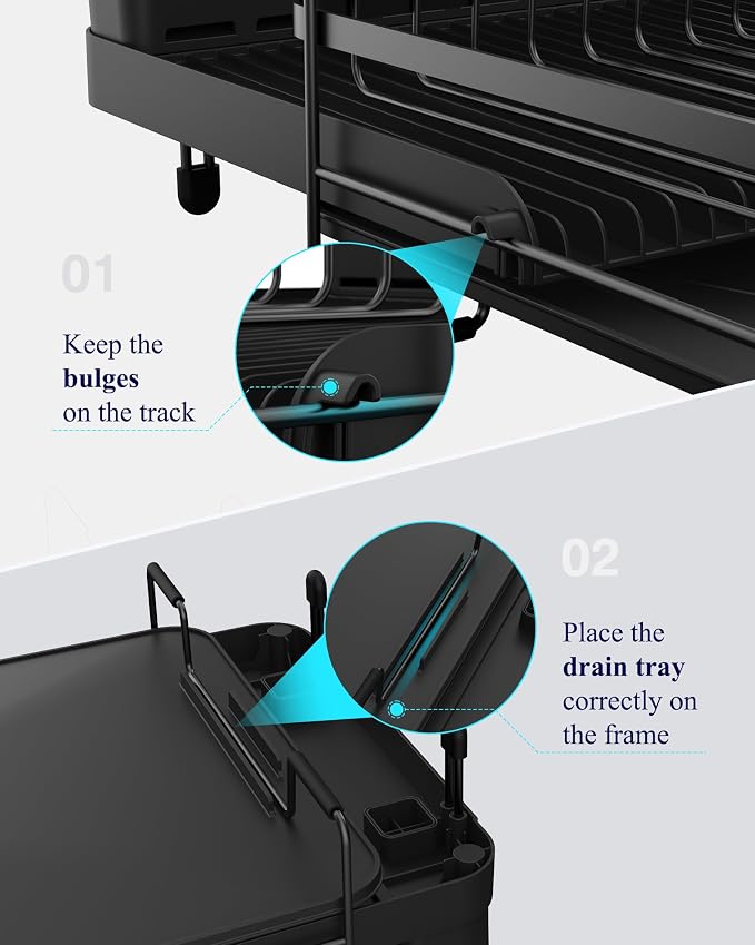 Kitsure Extendable Dish Drying Rack, 19.2"-26.7" L x 12.9" W, Black | Large Dish Rack, Multifunctional Dish Rack for Kitchen Counter, Anti-Rust Dish Drainers with Cutlery & Cup Holders