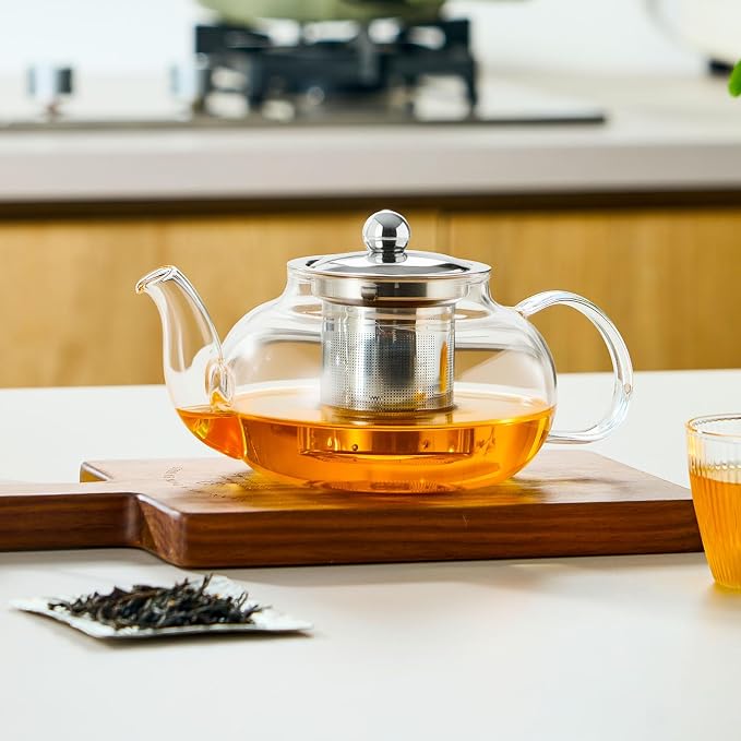 Baalaka Tea Pot with Infuser for Loose Tea, 20 oz Glass Stovetop Kettle | Clear borosilicate body with removable stainless steel strainer works as a tea maker and brewer for blooming or loose leaf