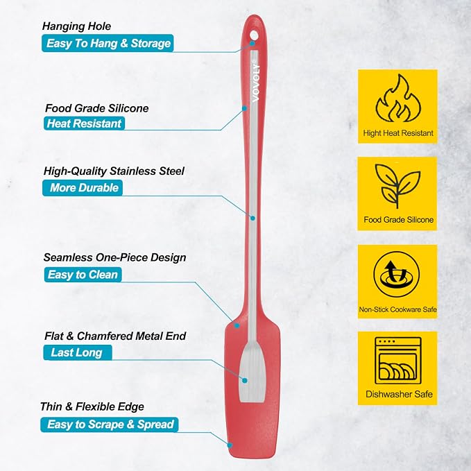 2-Pack Vovoly Silicone Jar Spatula, Long Handle Jar Spatulas, High Heat Resistant Small Rubber Spatula, Seamless Design, Stainless Steel Core, BPA Free, Red