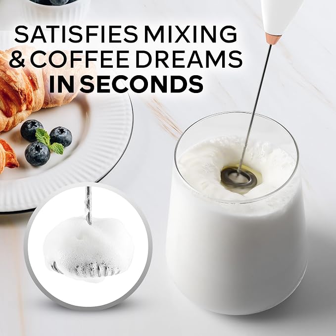 Zulay Kitchen Powerful Milk Frother Wand With Duracell Batteries - Ultra Fast Handheld Drink Mixer - Electric Whisk Foam Maker for Coffee, Lattes, Cappuccino & Matcha - Z1 Motor - White & Rose Gold