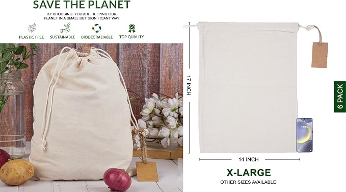 Marubhumi Cotton Storage Bags with Drawstrings X-Large 14x17 Multipurpose 6 Pcs Muslin Bulk Flour Sack Bags Food Produce Natural Potato Onion Bag