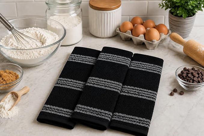 Black Kitchen Hand Dish Towels: Oversized 18" x 28",100% Cotton Soft Absorbent Dish Cloths for Cleaning Drying, Set of 3 Multipurpose for Everyday Use