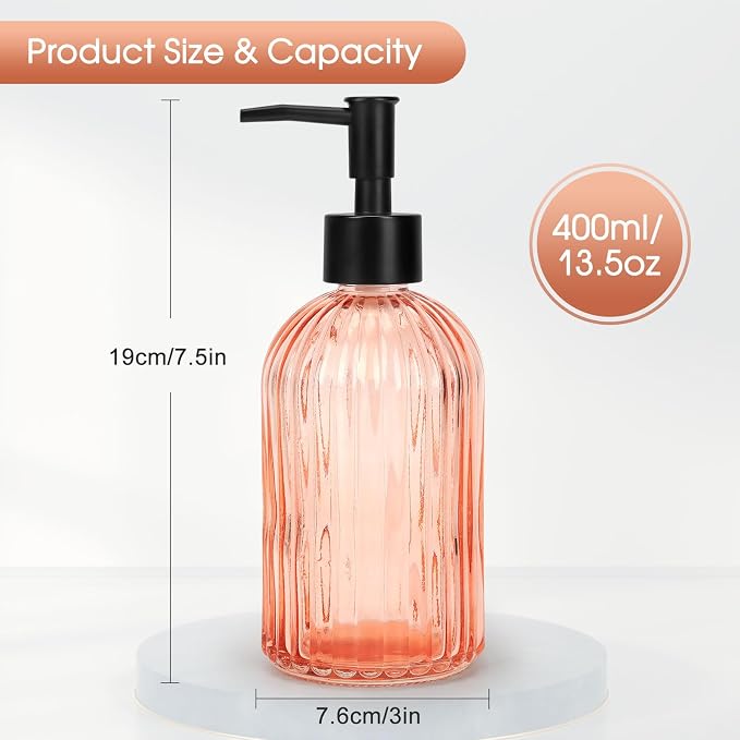 Topsky Stripe Glass Soap Dispenser with Black Plastic Pump, 400ml Liquid Hand Soap Dispenser, Rustproof Pump for Kitchen & Bathroom, Great for Lotions, Essential Oil, Liquid Soaps-Pink Orange