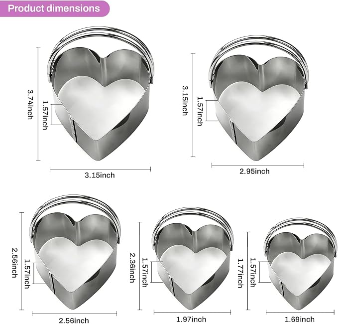 Stainless Steel Heart Cookie Cutter Set of 5 with Handle, Small to Large Heart Shapes for Baking, Pancakes, Sandwiches, Cheese, Fruits, Playdough, Valentine's Day Baking Supplies
