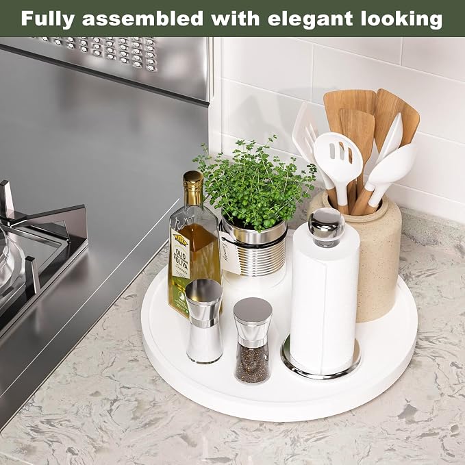 White Lazy Susan, 13.2 Inch Non-Skid Bamboo Turntable | Kitchen Table Cabinets and Closets, Wood Organizer for Kitchen Countertop