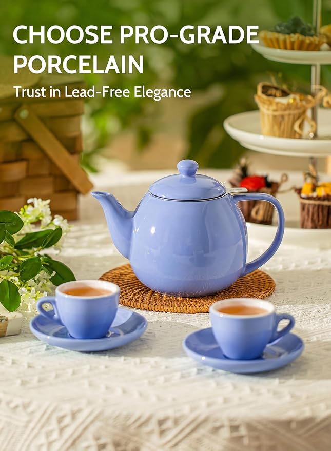 Sweese Porcelain Teapot 27 oz with Infuser for Loose Leaf Tea, Dusty Blue