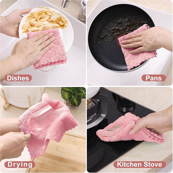 Homaxy 12 Pack Super Soft & Absorbent Dish Cloths, 10" x 10", Pink | Coral Velvet, Nonstick Oil Fast Drying Microfiber Cleaning Cloth, No Lint Household Dishcloths