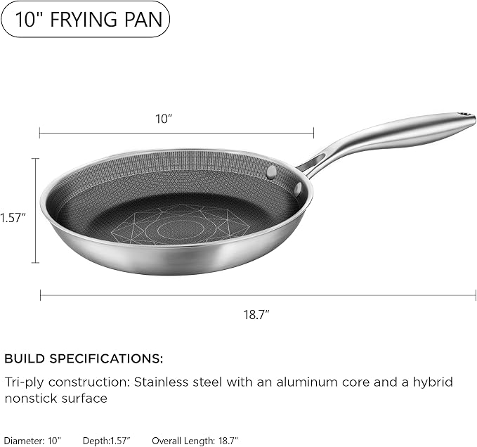 COOKER KING 10-Inch Stainless Steel Pan, Hybrid Nonstick Frying Pan | 3-Ply Clad Cookware, Healthy & Non-Toxic, Dishwasher & Oven Safe, Stay-Cool Handle, Induction Compatible – Metal Utensil Safe