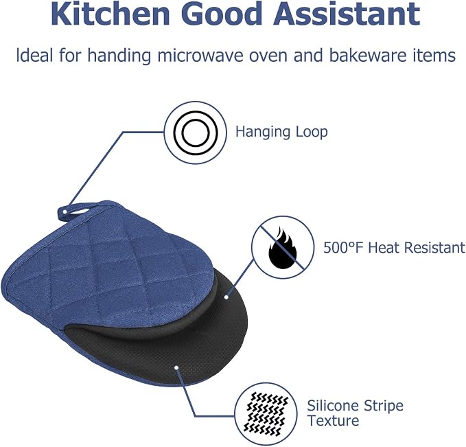 Goldmeet Mini Oven Mitts 2-Pack, 7"x5.5", 500°F Silicone Grip, Denim Blue | Non-Slip, Heat Resistant, Machine Washable, Hanging Loop, Fits Small Hands, for Baking Grilling BBQ Cooking