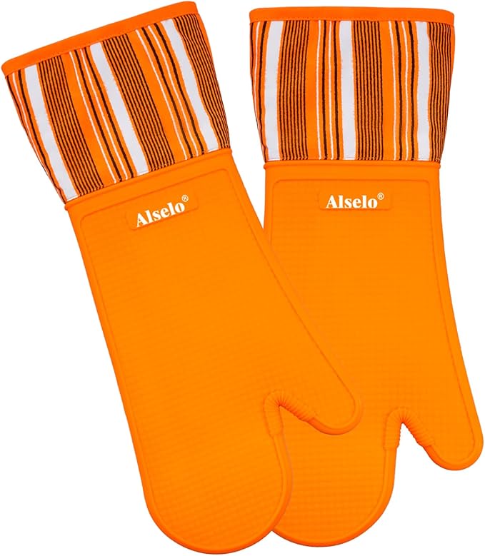 Alselo Silicone Oven Mitts Set, Heat Resistant 550 Degree,7.5"x16" | Extra Long Kitchen Mittens,Waterproof & Non-Silp Oven gloves for Baking Cooking Barbecue Microwave (Extre long Orange, 2)